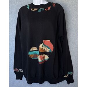 Southwestern Pottery Patchwork Sweatshirt Black Glitter Detail Geometric Large